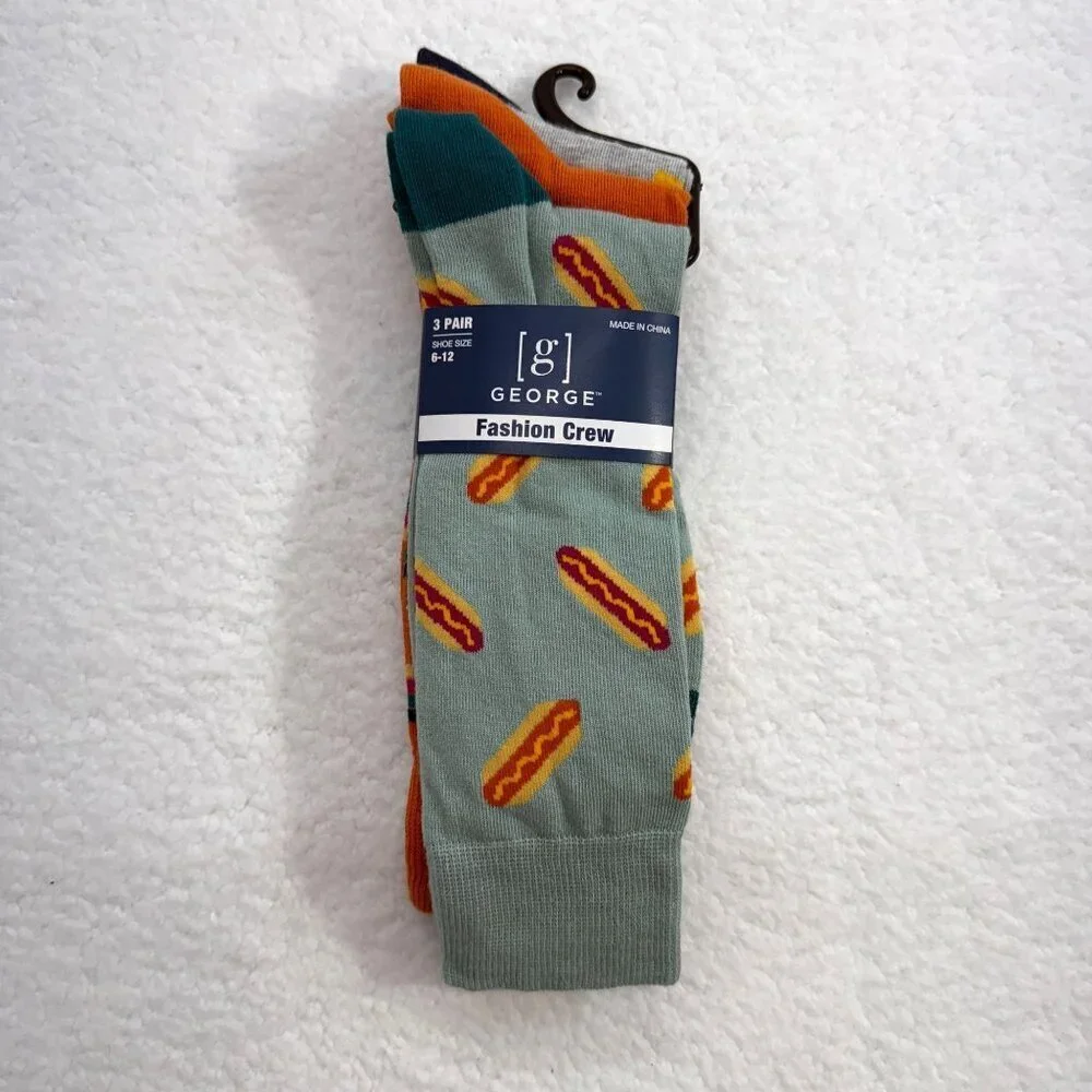 George 3 Pair‎ Novelty Fashion Crew Socks Ketchup Mustard Hot Dog BBQ Size 6-12
